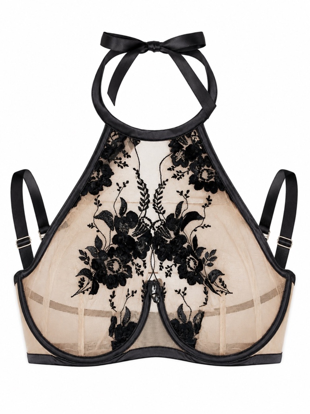 Honey Birdette Belle Halter Bra 34H Black Nude Sheer Floral Lace Luxury Lingerie
